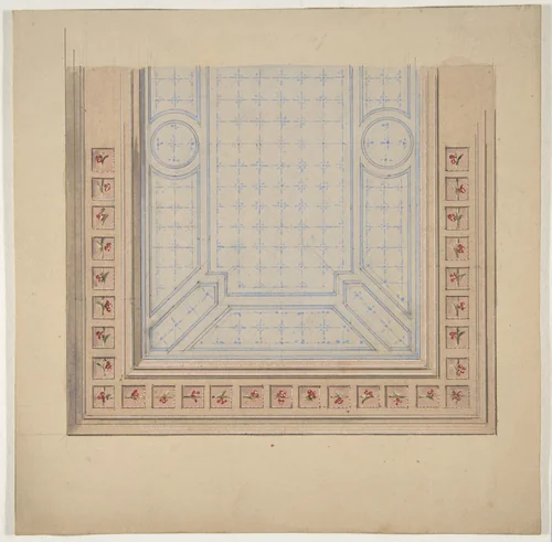 Partial design for ceiling with a border of flowers by Jules-Edmond-Charles Lachaise, drawing, 1830-1897
