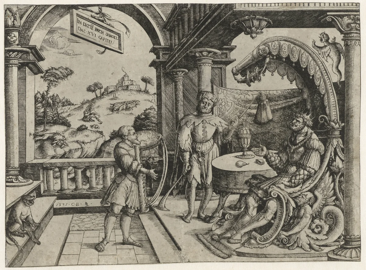 David speelt harp voor Saul by Unknown, print, 1531