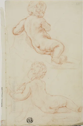 Two Putti Seen from the Back, One Writing by Unknown Artist, drawing, 1700-1799