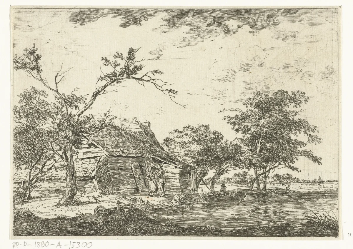 Pratend stel bij boerderij aan waterkant by Hermanus van Brussel, print, 1800-1815