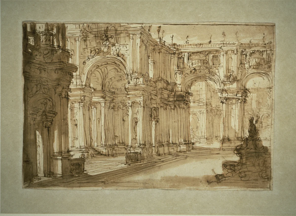 Palatial Courtyard with a Fountain by Giovanni Battista Piranesi, drawing, 1740-1778