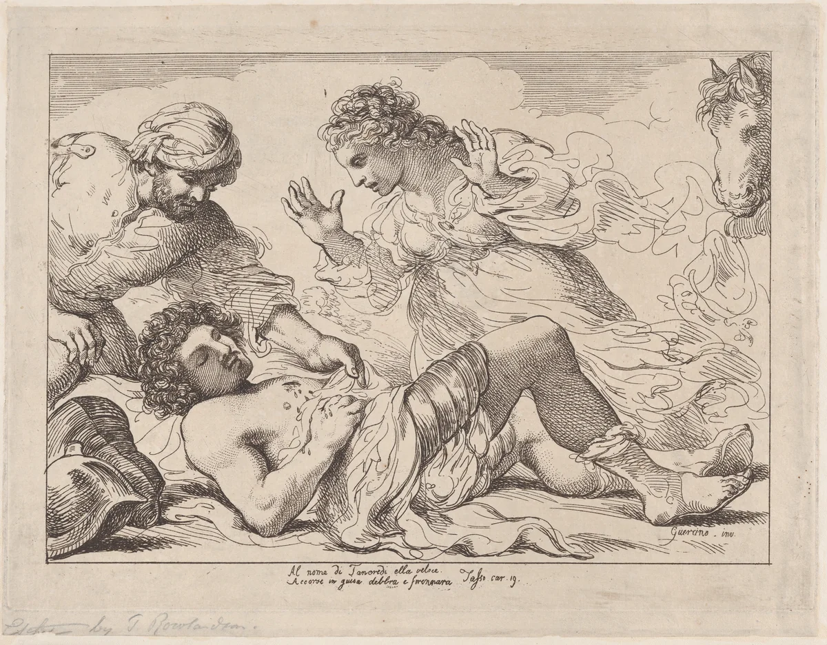 Erminia Discovers the Wounded Tancred (from Tasso, Gerusalemme Liberata) by Thomas Rowlandson, print, 1785-1795