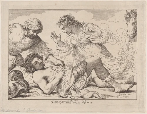 Erminia Discovers the Wounded Tancred (from Tasso, Gerusalemme Liberata) by Thomas Rowlandson, print, 1785-1795