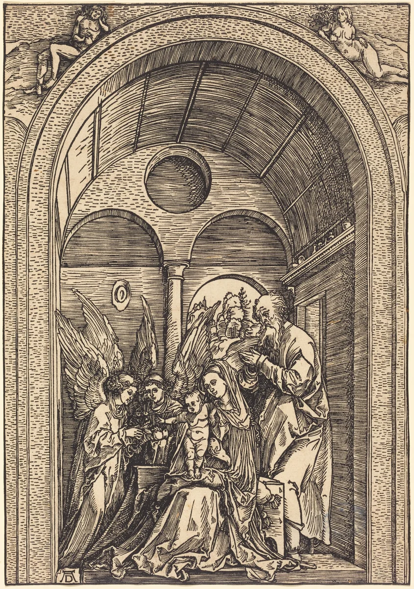 The Holy Family with Two Angels in a Vaulted Hall by Albrecht Dürer, print, 1504
