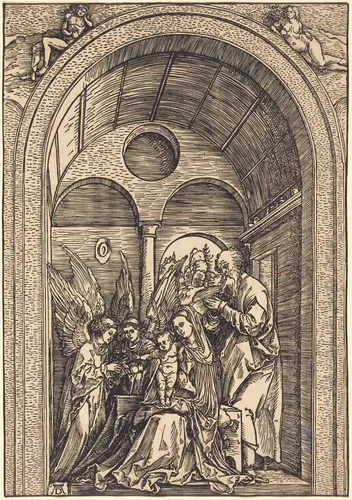 The Holy Family with Two Angels in a Vaulted Hall by Albrecht Dürer, print, 1504