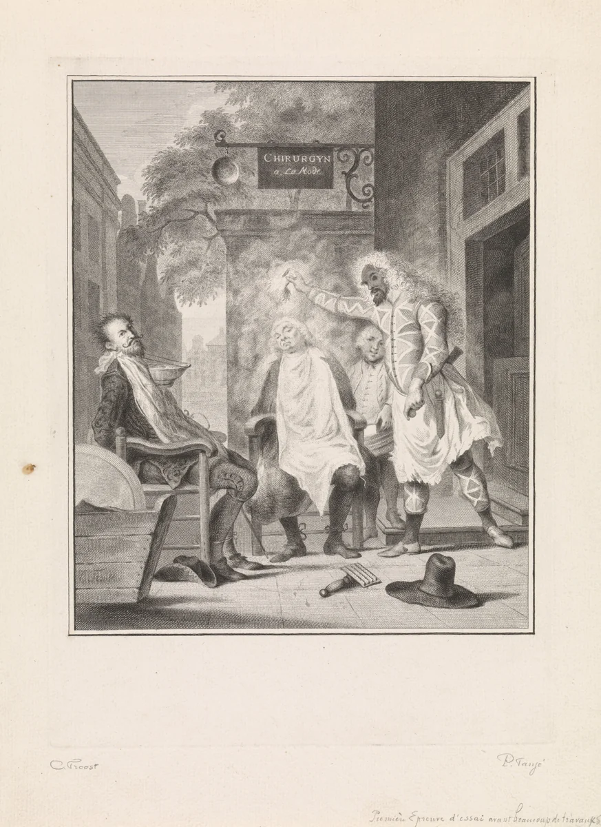 Arlequin, tovenaar en barbier: de bedrogen rivalen by Pieter Tanjé, print, 1758
