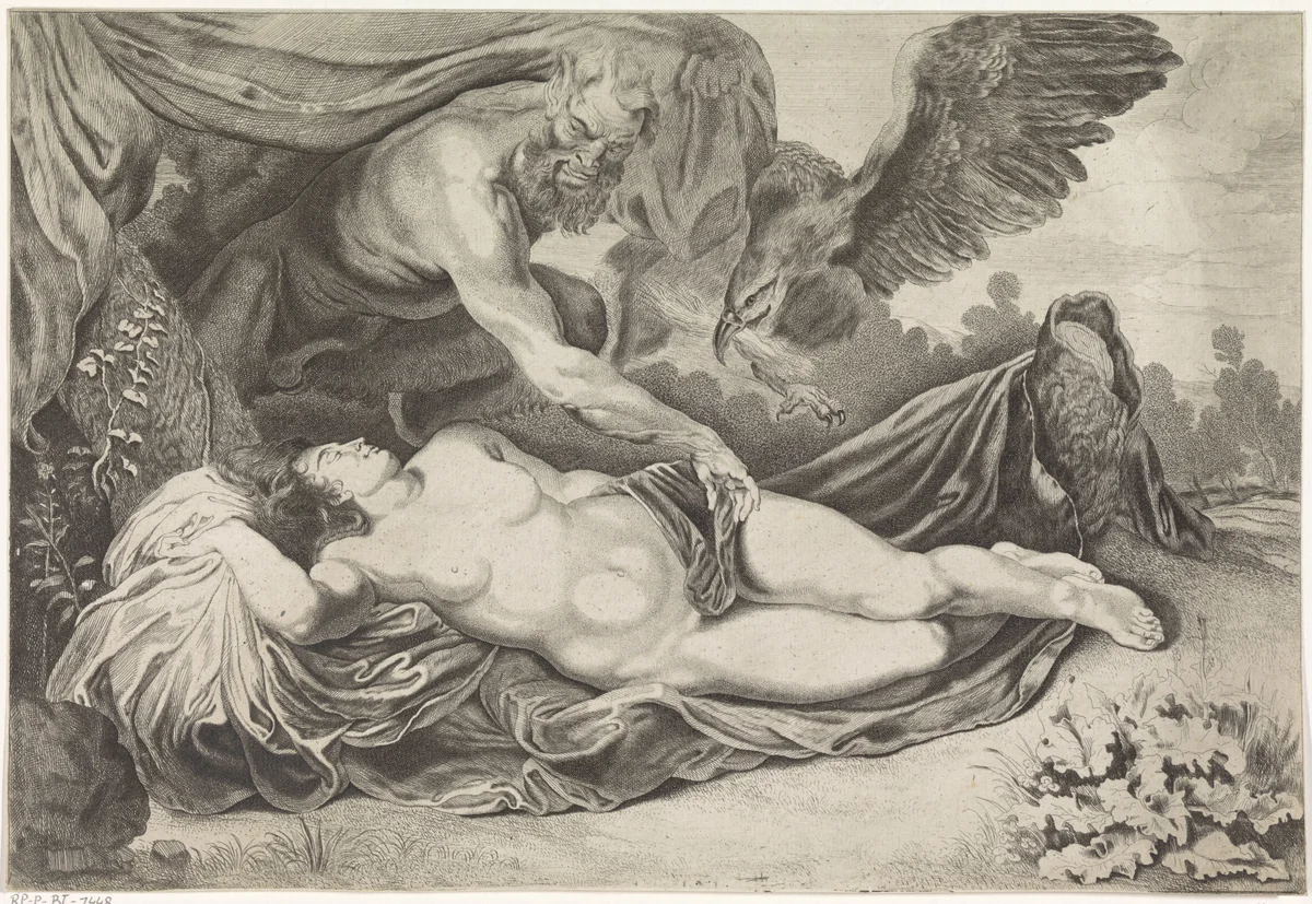 Jupiter en Antiope by Pieter van Sompel, print, 1640-1670