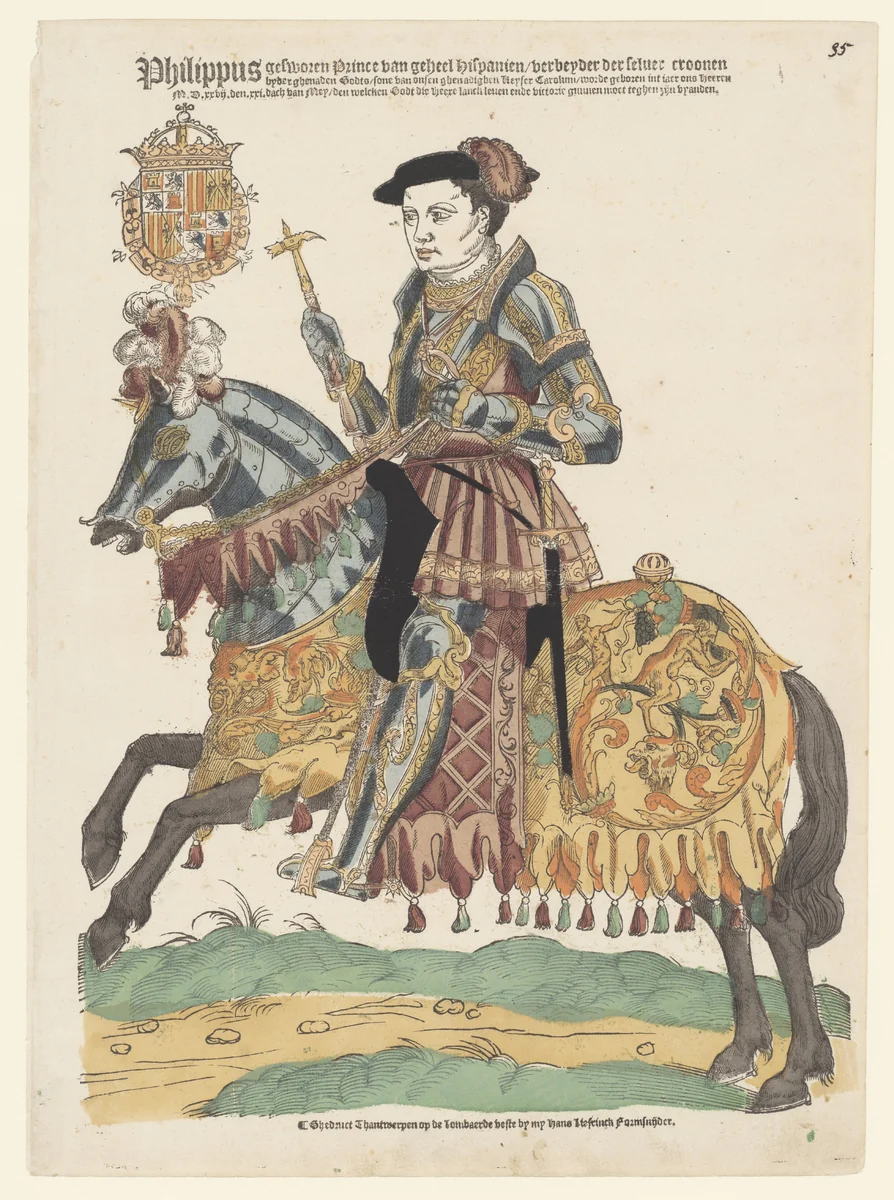 Portret van Filips II te paard by Hans Liefrinck, print, 1539-1556