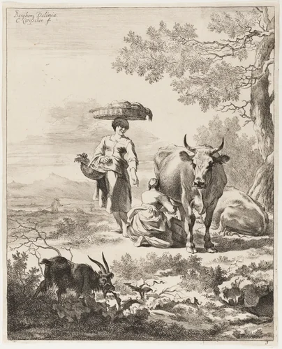 Woman Milking a Cow, plate 3 from Four Landscapes by Cornelis Visscher, print, 1649-1658