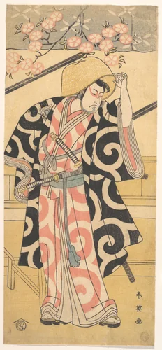The Second Ichikawa Monnosuke as a Samurai Standing by a Wooden Bench by Katsukawa Shun'ei (勝川春英), print, 1784-1804