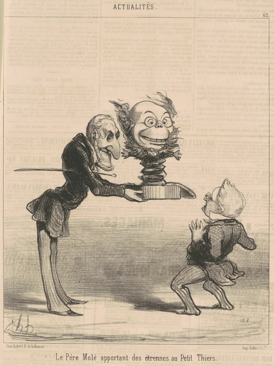 Molé apportant des étrennes au petit thiers by Honoré Daumier, print, 1850