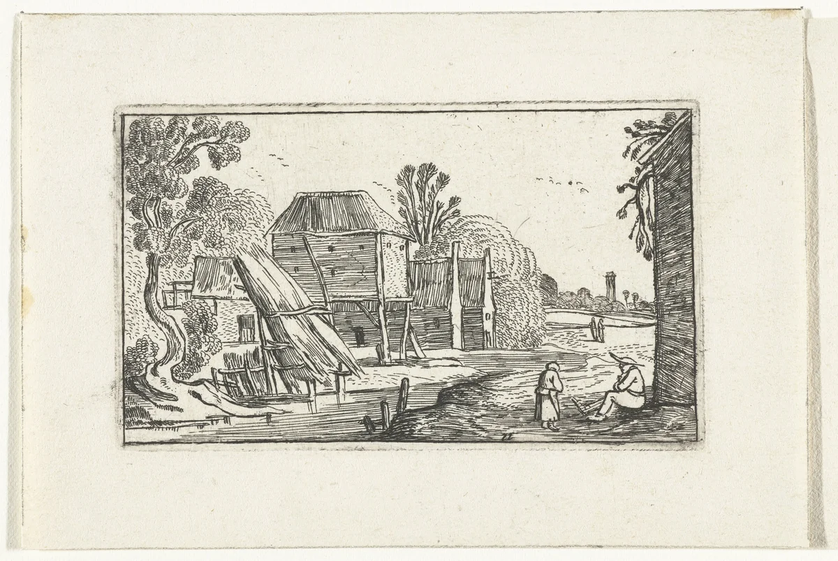 Landschap met boerderij en schuur op palen bij een water by anonymous, print, 1610-1617