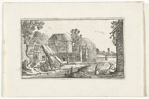 Landschap met boerderij en schuur op palen bij een water by anonymous, print, 1610-1617