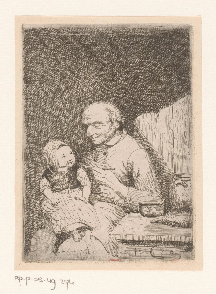 Man voert het kind dat bij hem op schoot zit by Willem Linnig, print, 1829-1885