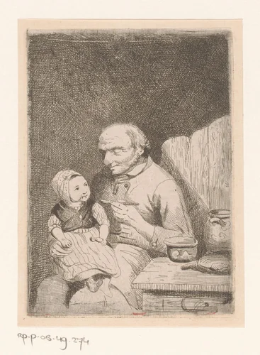 Man voert het kind dat bij hem op schoot zit by Willem Linnig, print, 1829-1885