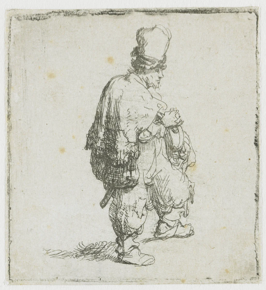 A standing hurdy-gurdy player by Rembrandt van Rijn, print, 1631