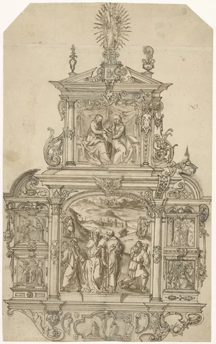 Ontwerp voor een altaarretabel, met alternatief oplossingen by anonymous, drawing, 1550-1599