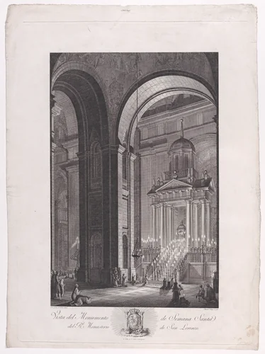 The monument raised for Holy Week (Semana Santa) in the Church of the monastery of El Escorial, from a series of Views of El Escorial by Manuel Alegre, print, 1785-1795