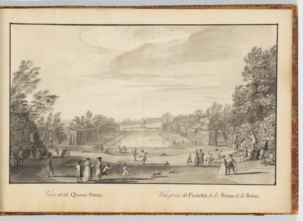 View at the Queen's Statue at Stowe, Buckinghamshire by Jacques Rigaud, drawing, 1733-1734