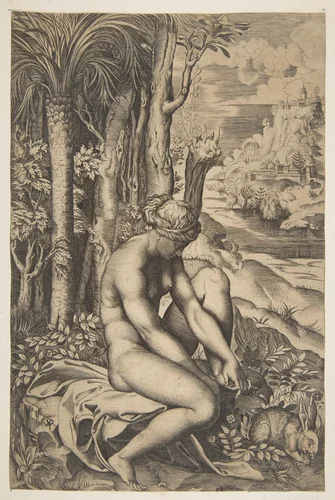Venus removing a thorn from her left foot while seated on a cloth beside trees and foliage, a hare eating grass before her by Marco Dente, print, 1510-1532
