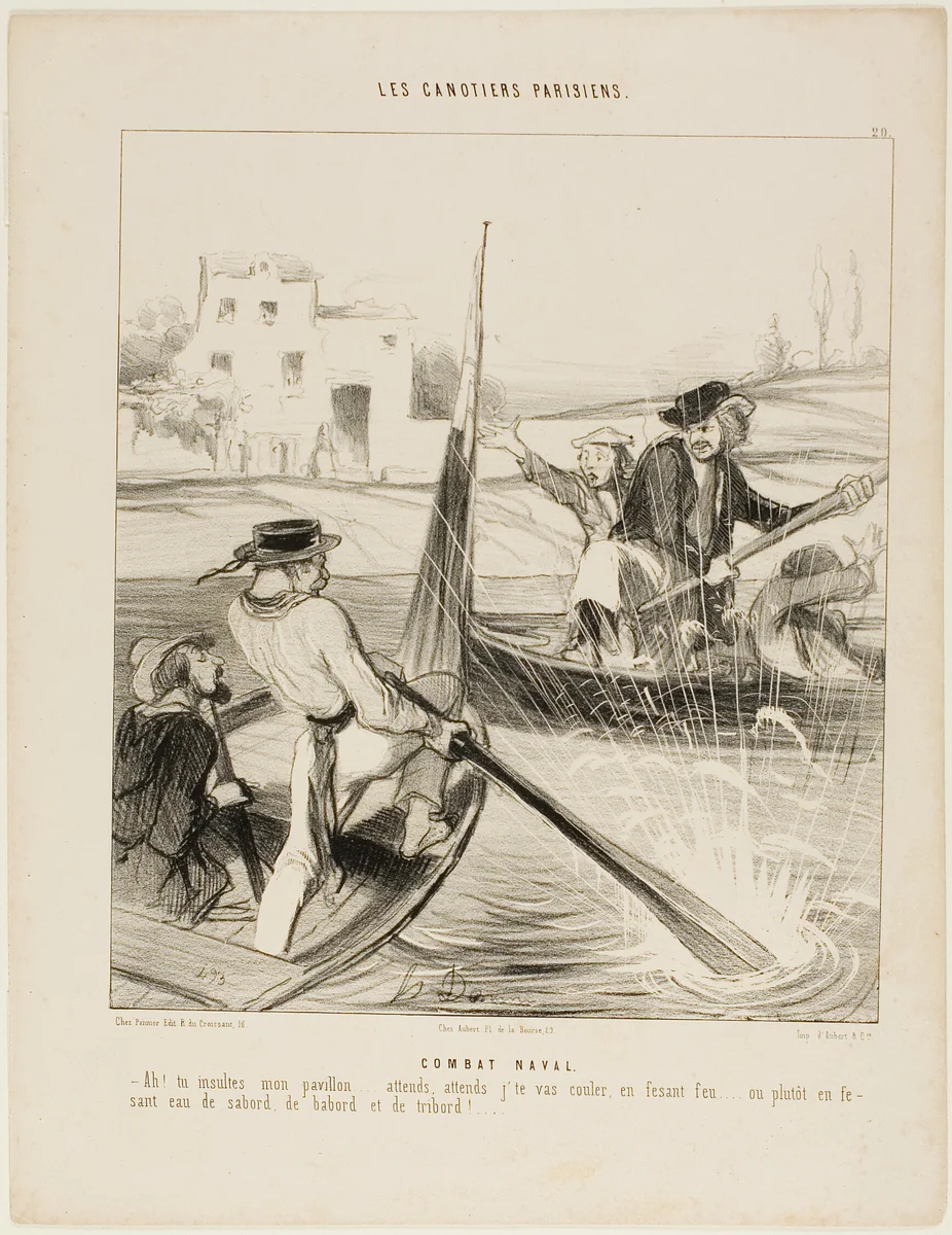 A Naval Combat. “- So, you insulted my flag!.... just you wait, just wait till I'll sink you with a broad side!..... or even better I'll splash you with water from left and right and behind and....” plate 20 from Les Canotiers Parisiens by Honoré-Victorin Daumier, print, 1843