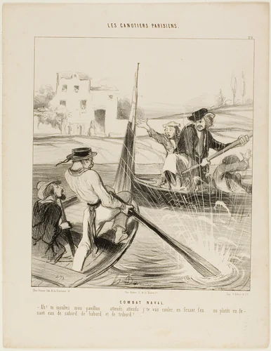 A Naval Combat. “- So, you insulted my flag!.... just you wait, just wait till I'll sink you with a broad side!..... or even better I'll splash you with water from left and right and behind and....” plate 20 from Les Canotiers Parisiens by Honoré-Victorin Daumier, print, 1843