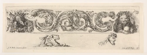 Design for a Frieze with Acanthus Scrolls and Two Small Figural Motifs Below, plate 15 from "Decorative friezes and foliage" (Ornamenti di fregi e fogliami) by Stefano della Bella, print, 1645-1650