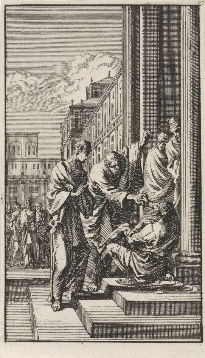 Petrus en Johannes genezen een verlamde man bij de tempelpoort by Jan Luyken, print, 1712