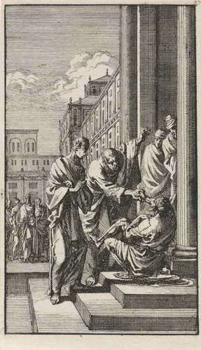 Petrus en Johannes genezen een verlamde man bij de tempelpoort by Jan Luyken, print, 1712