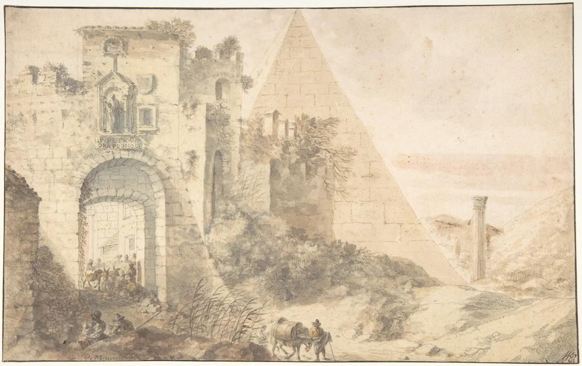 Pyramid of Cestius and the Porta San Paolo, Rome by Pieter Moninckx, drawing, 1620-1690