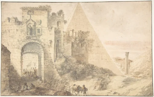Pyramid of Cestius and the Porta San Paolo, Rome by Pieter Moninckx, drawing, 1620-1690