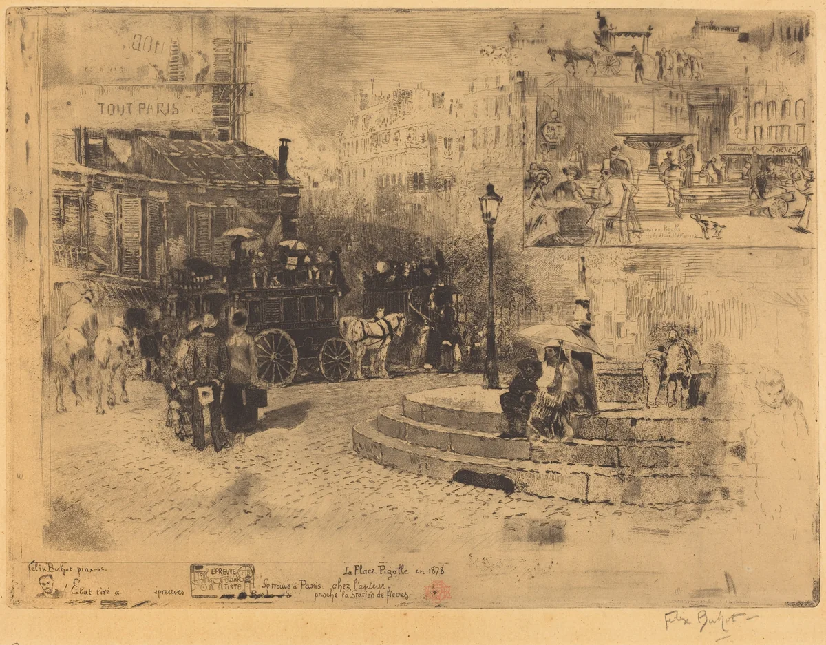 La Place Pigalle en 1878 (Place Pigalle in 1878) by Félix-Hilaire Buhot, print, 1878