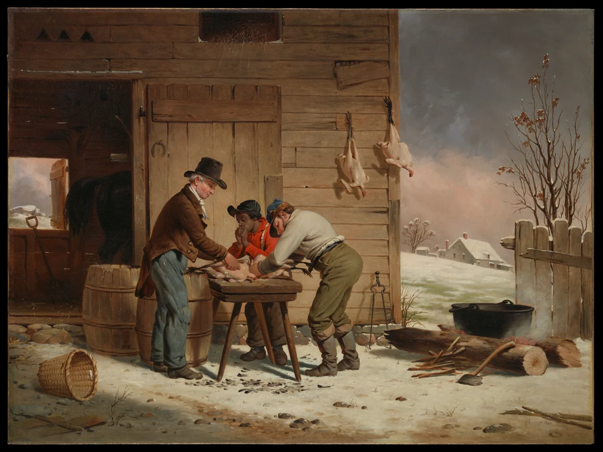 Preparing for Christmas (Plucking Turkeys) by Francis William Edmonds, artwork, 1851