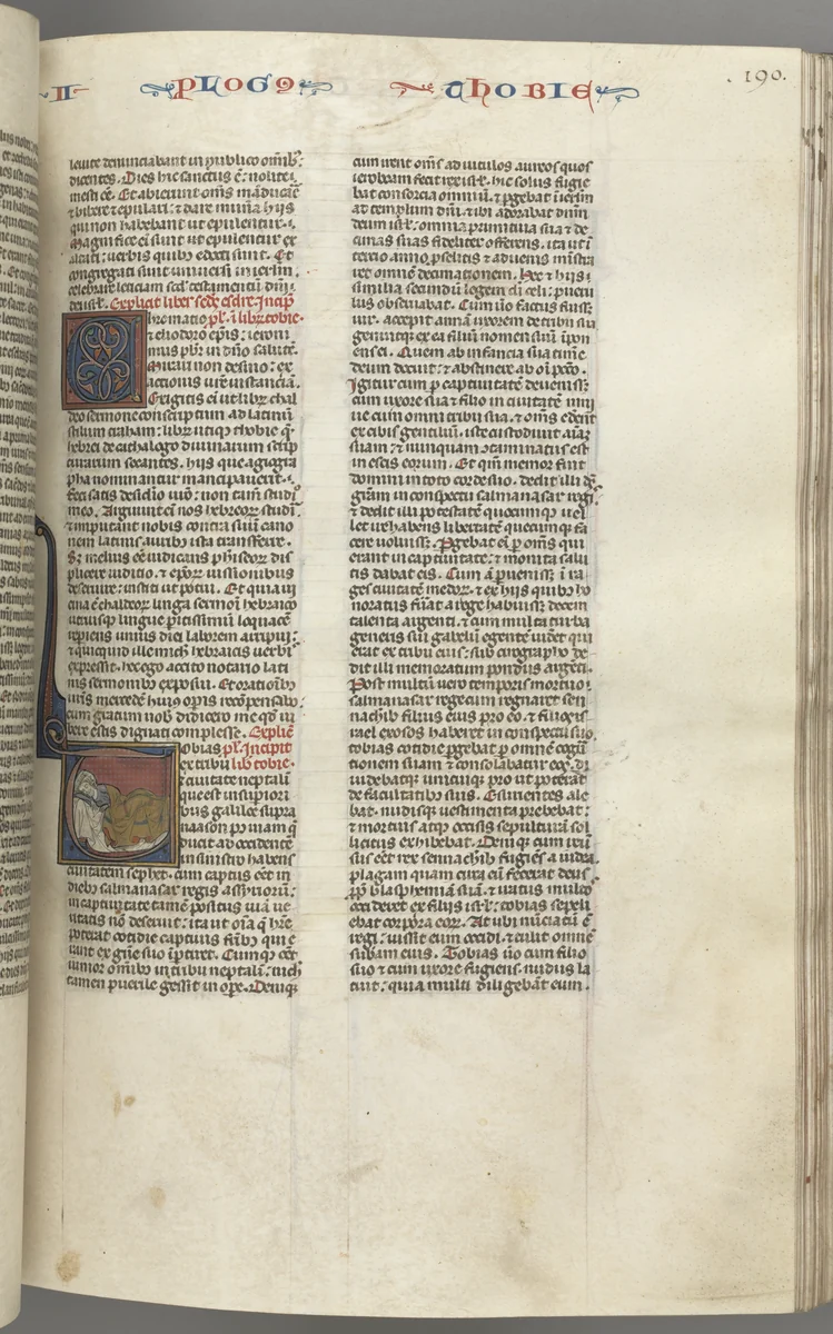 Fol. 190r,Tobit, historiated initial T, Tobit sleeping on a bed by Unknown, book, 1270-1300