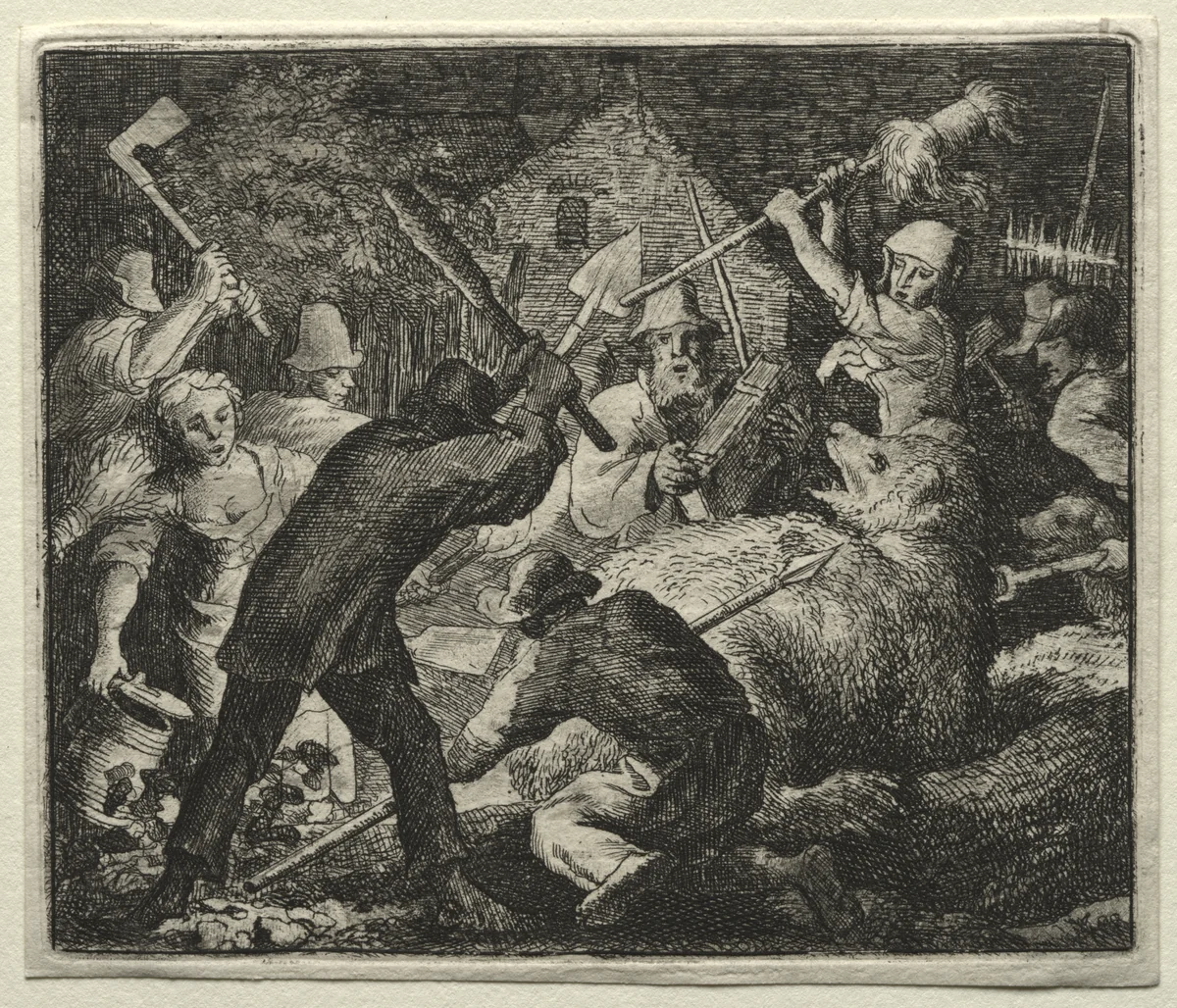 Reynard the Fox: Peasants Attack the Bear by Allart van Everdingen, print, 1650-1675