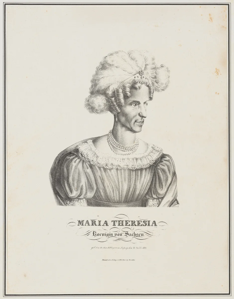 Portrait of Maria Theresia, Queen of Saxony by Ludwig Theodor Zöllner, print, 1829-1850