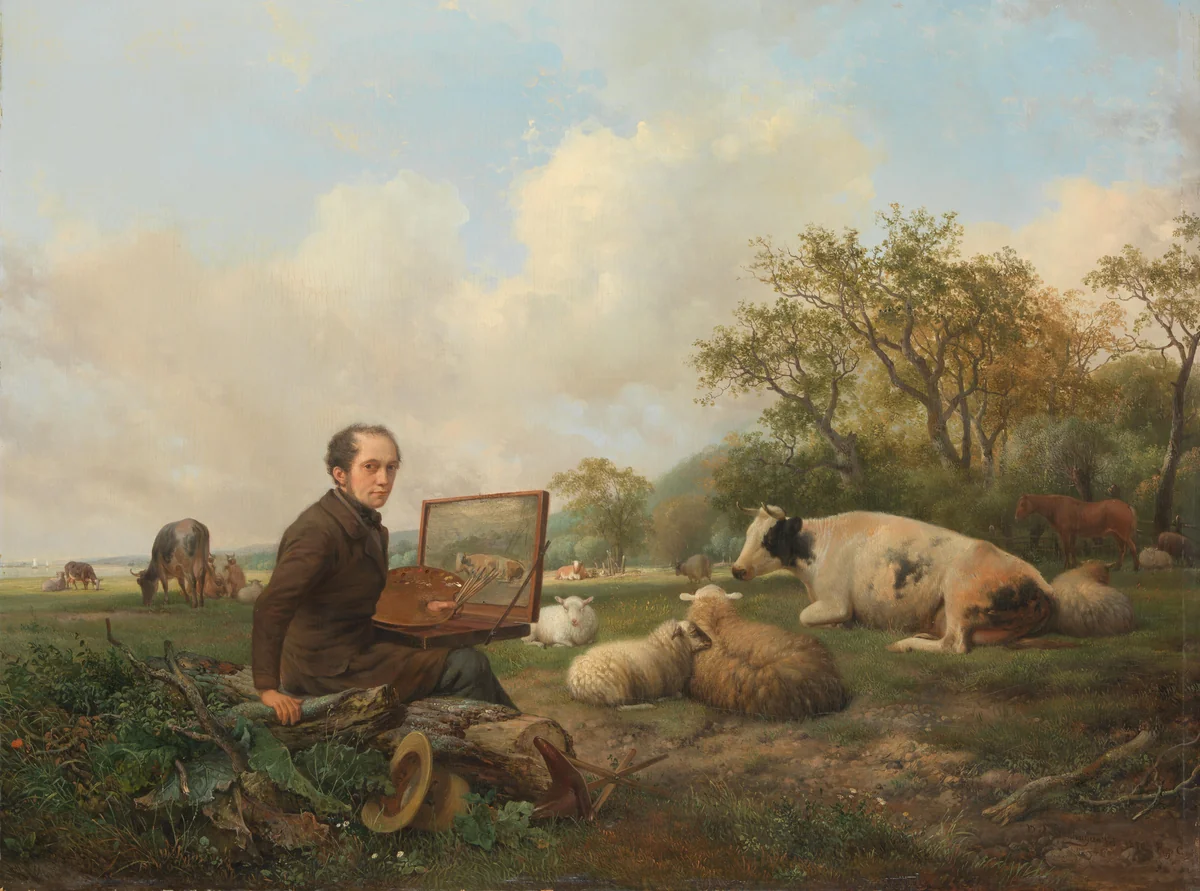 The Artist Painting a Cow in a Meadow by Hendrikus van de Sande Bakhuyzen, painting, 1850
