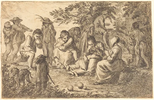Children with Donkey and Dog in a Clearing by Pierre Parrocel, print, 1825