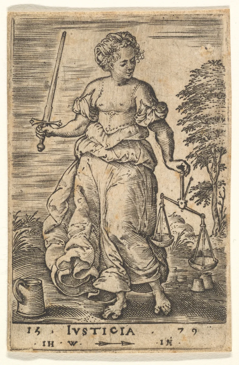 Justice, from "The Seven Virtues and Knowledge" by Jan Wierix, print, 1579