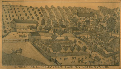 The Property of John P. and Catharina Schuring, Franklin Town, Allegheny County, Pennsylvania by Ferdinand A Brader, drawing, 1883