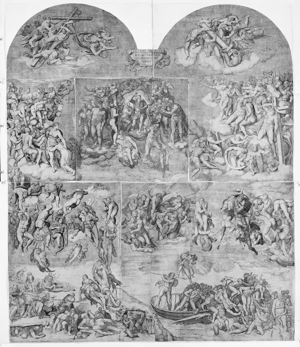 Trumpeting Angels and Damned Souls Being Pulled Down by Devils (lower center and right section of the Last Judgment) by Niccolò della Casa, print, 1548