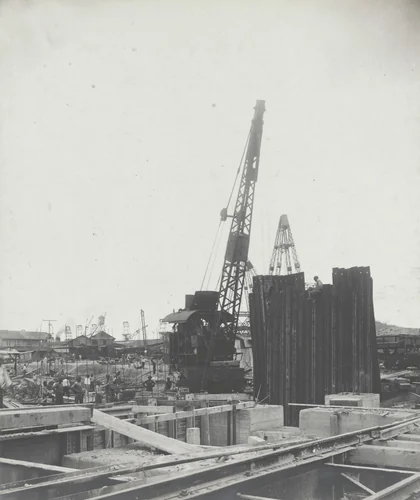 Balboa Terminals. Dry Dock #1. Pulling Piles at Unloader Wharf Coaling Plant by Unidentified Photographer, photograph, 1916