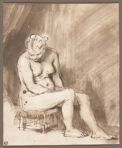 Seated Female Nude by Rembrandt van Rijn, drawing, 1660-1662