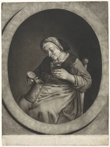 Zittende plattelandsvrouw met een kan en een glas in haar handen by Cornelis Dusart, print, 1670-1704