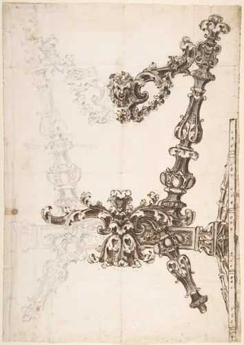 Frontal View of the Main Carved Wooden Structure of a Carriage by anonymous, drawing, 1675-1725