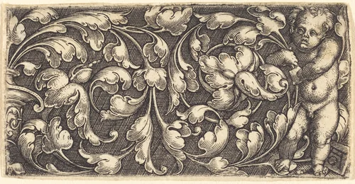 Naked Infant Holding a Double Scroll of Leafy Ornament by Heinrich Aldegrever, print, 1502-1561