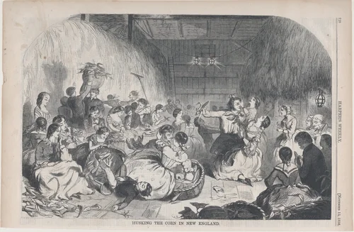 Husking the Corn in New England (from "Harper's Weekly," Vol. II) by Winslow Homer, print, 1858