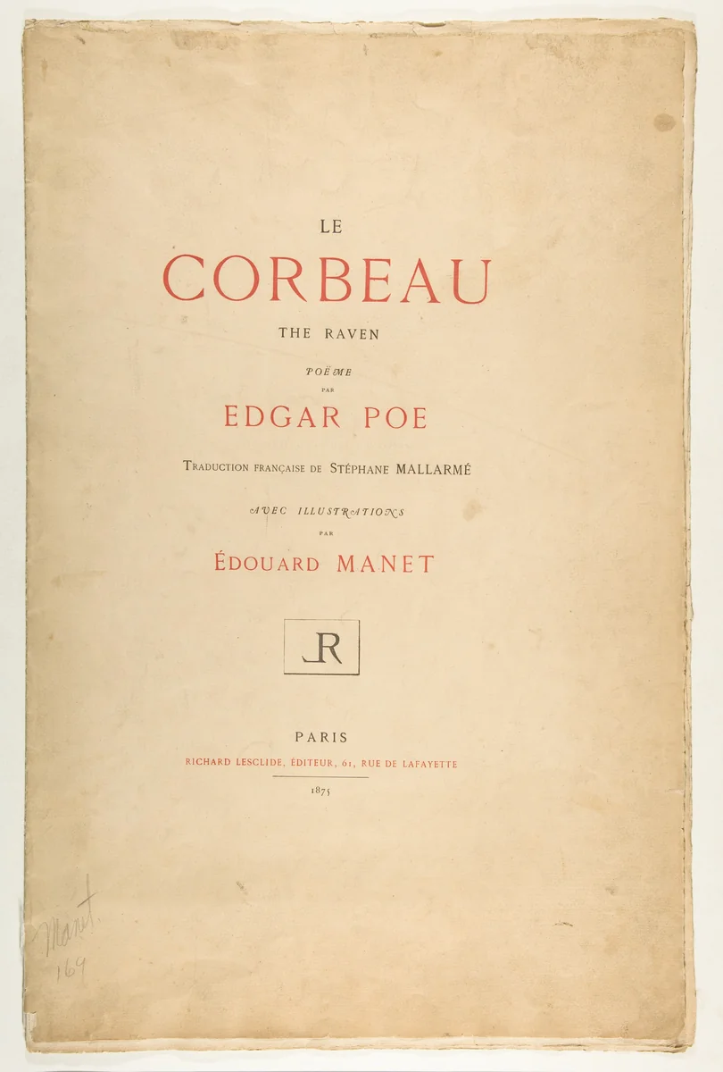 Portfolio cover and text for "The Raven" by Edgar Allan Poe by Edouard Manet, book, 1875