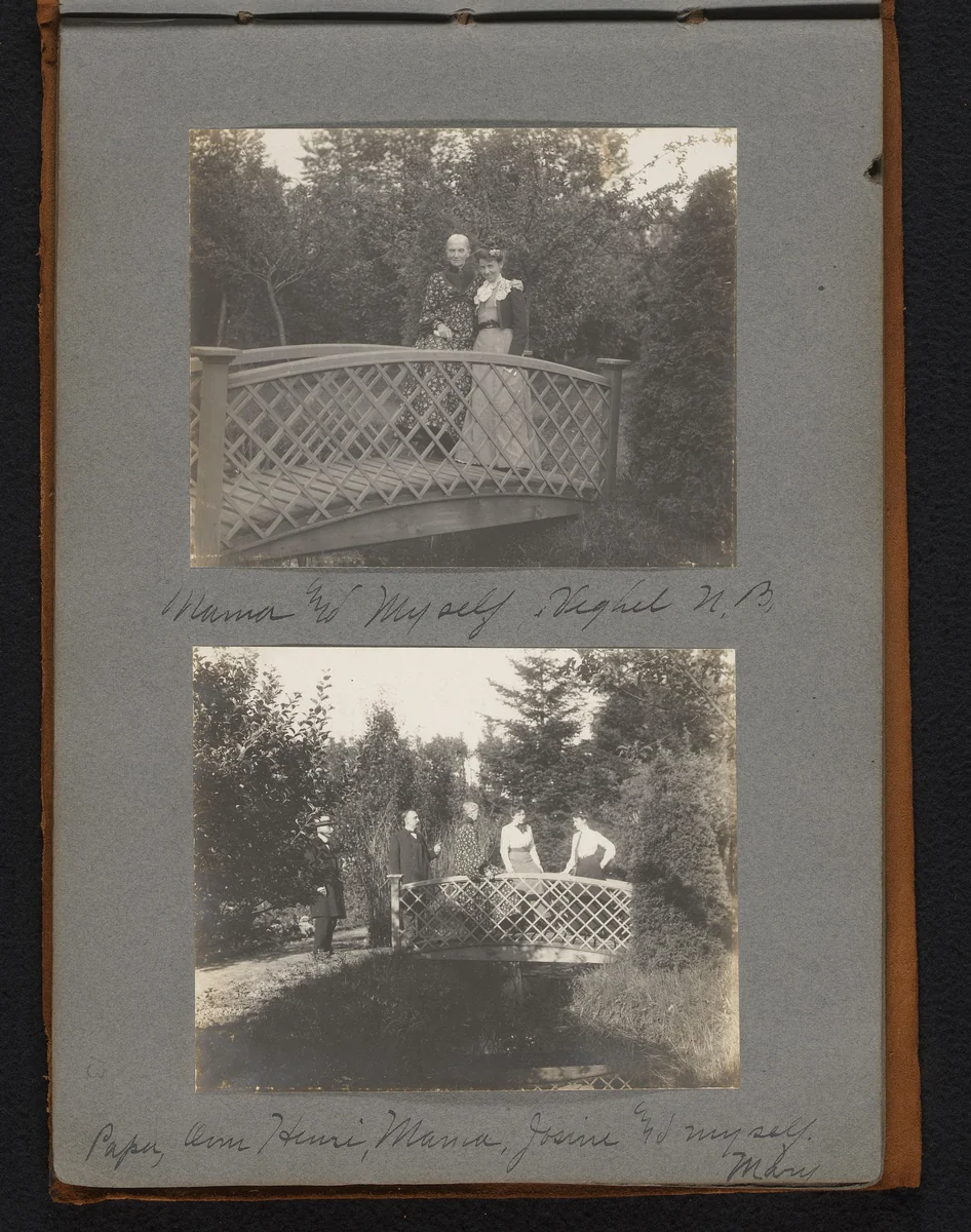 Portret van Mary van der Mey met haar moeder en een portret met haar vader, oom Henri, haar moeder en Josine op een tuinbrug in Veghel by Jan van der Mey, book, 1902