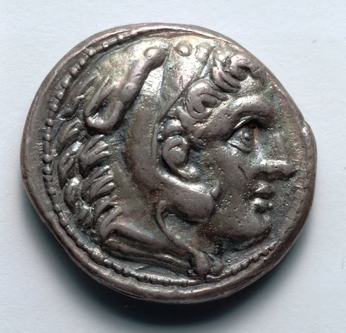 Tetradrachm: Head of Young Herakles, r., with Lion Skin (obverse) by Unknown, metalwork, -336--323